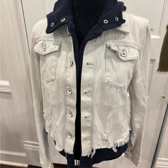 Free People Double Weave Distressed Denim Jacket Fleece Layer With Hood Sz S - Picture 6 of 15